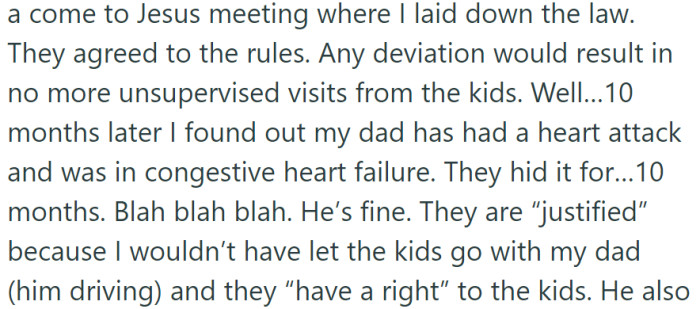 Following a stern discussion, the parents agreed to adhere to the rules or face supervised visits. However, they concealed a ten-month-old heart attack and heart failure episode, justifying it as their right to access the children.