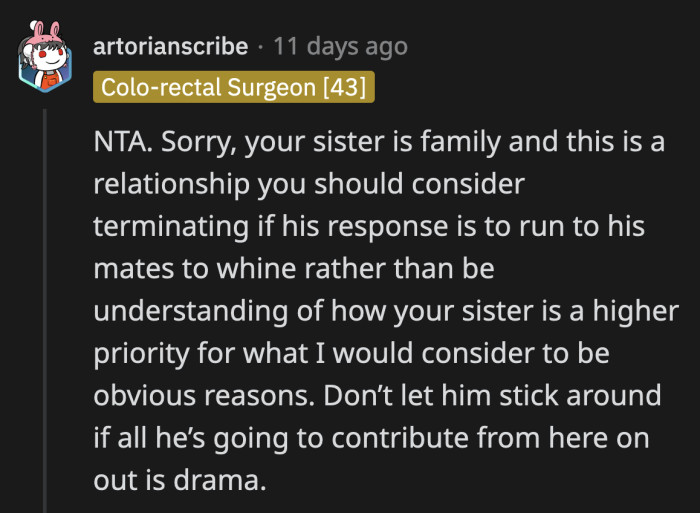 They advised OP to drop the BF if all he does is whine to his friends at the first sign of trouble