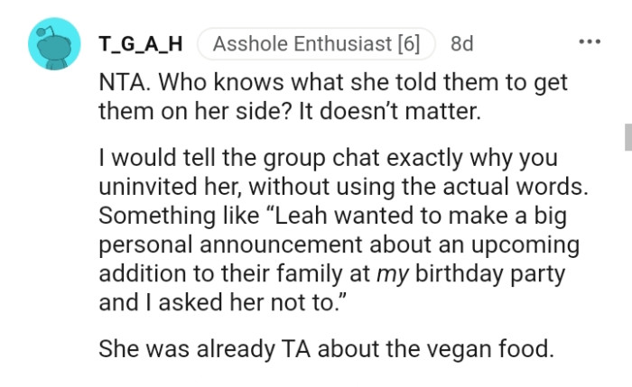This Redditor would tell the group why she was uninvited