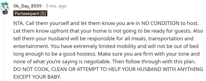 A Redditor advised her to be honest with her in-laws and tell them she's in no condition to host.
