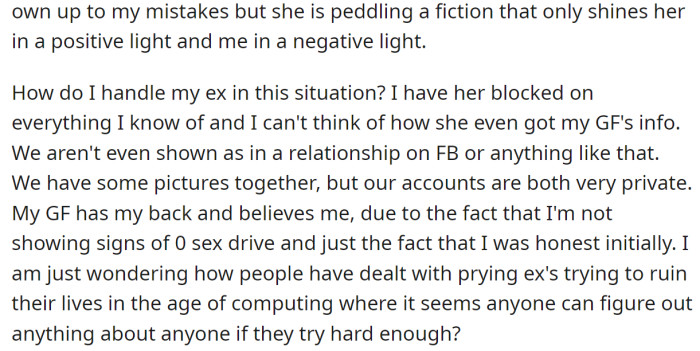 His ex contacted his girlfriend and told her lies about their marriage and the divorce: