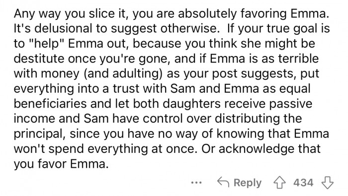 OP should acknowledge that she is favoring Emma.