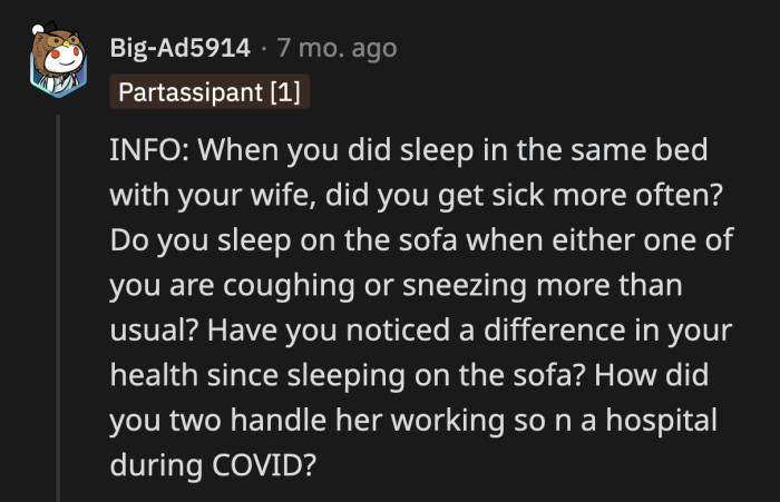 A Redditor asked OP if he felt any different when he started sleeping on the couch vs. when he stayed in bed with his wife