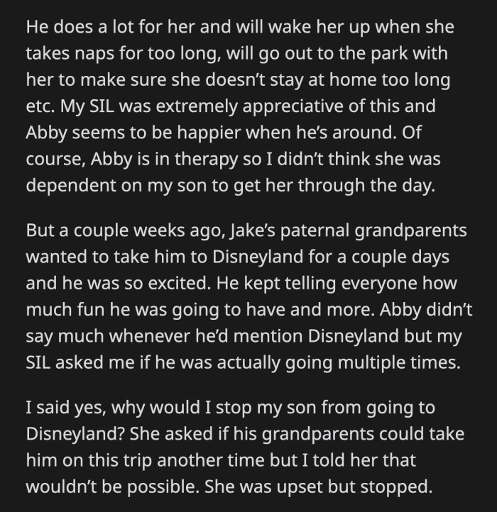 OP's SIL was livid. She was in disbelief that OP actually allowed Jake to go. She said Abby's reactions should have been enough reason for Jake to stay home.