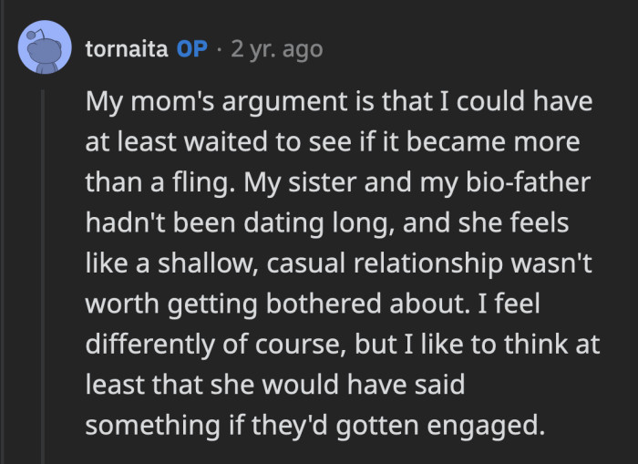 Waiting until they are engaged is just not an option. It would have devastated OP's sister and possibly traumatized her.