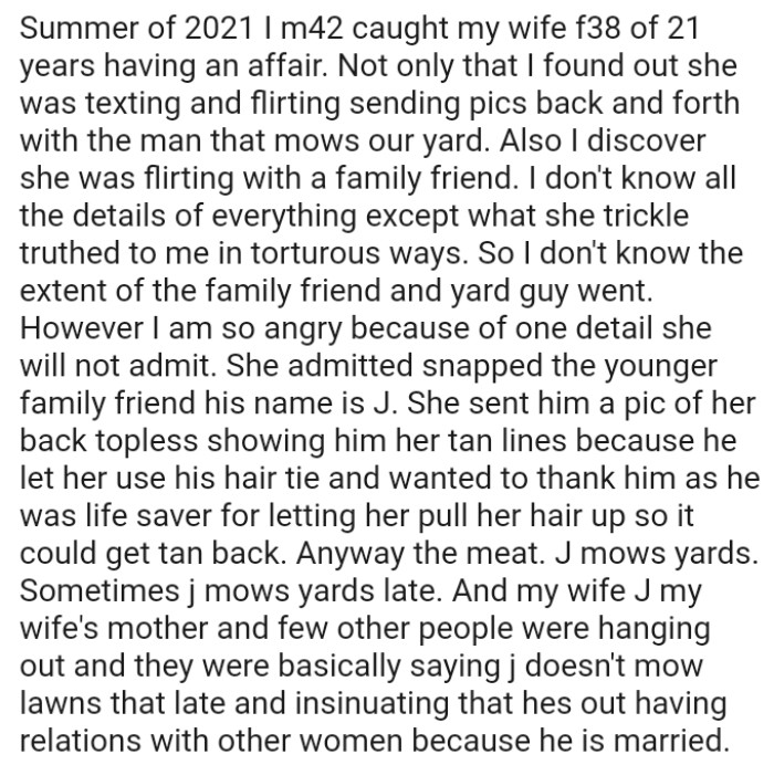 The OP Found Out His Wife Was Texting and Flirting, Sending Pictures Back and Forth with the Man Who Mowed Their Yard