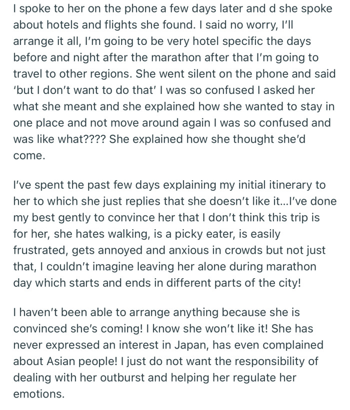 OP’s mother is adamant that she wants to join OP on the trip and she doesn’t care what OP has to say about it