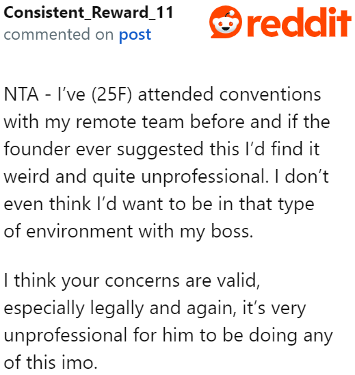 It's also unprofessional for the boss to stay in the same accommodation with his employees, especially when there are single women.