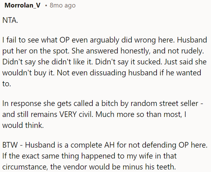 She was called a bitch by the seller, and her husband should have defended her.