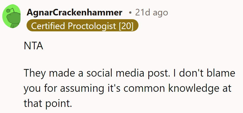 NTA: Once it's on social media, it's fair game. No blame should fall on her for sharing.