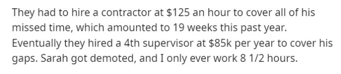 At $125 per hour, the company was forced to hire a contractor. Additionally, they had to pay $85k for a fourth supervisor, and Sarah was demoted