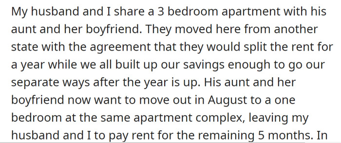 The OP explained she and her husband share an apartment with his aunt and boyfriend: