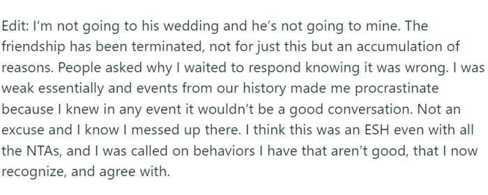 OP posted a final update, and the friendship is now terminated.