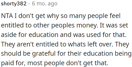 They shouldn't expect anything leftover and should appreciate the opportunity for a funded education, which many do not have.