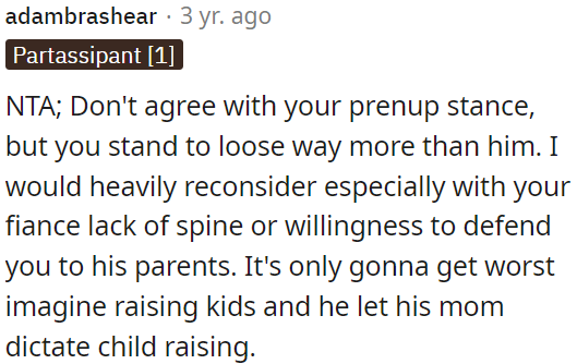 His inability to stand up to his parents now could worsen, especially in parenting decisions.