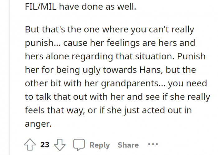 You can punish Anna for what she did to Hans, but the other issue regarding the grandparents is another matter.