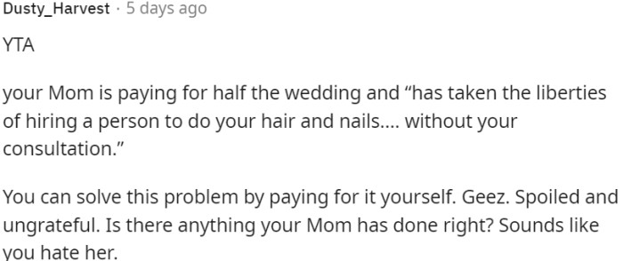 The issue could be resolved by the bride paying for those services herself.