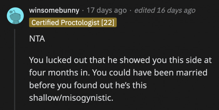 Redditors said that OP should thank her lucky stars he revealed his real feelings before it was too late