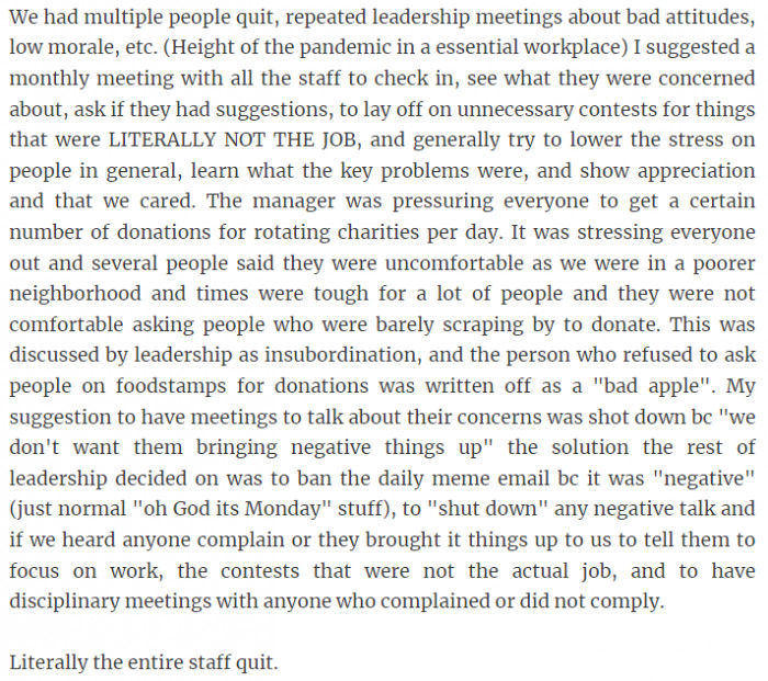 17. Repeated leadership meetings about bad attitudes