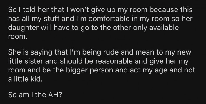 OP refused to give up her room and was criticized for her decision.