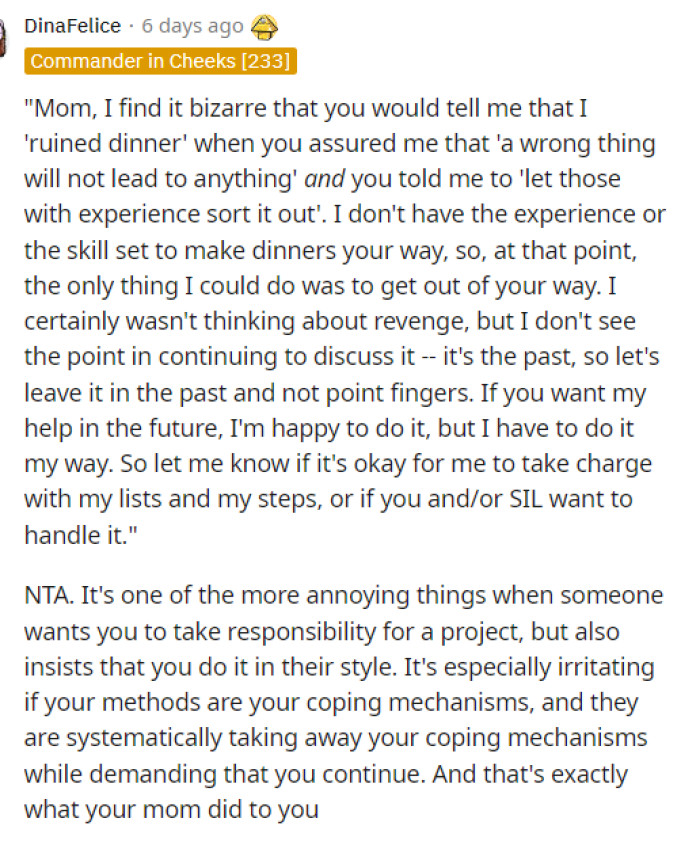 This person essentially helped to articulate what her response should have been to all of this after hearing the full story.
