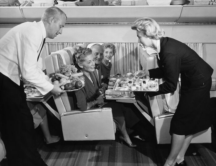 "SAS DC-8-33 Interior, Service On Board, Cabin And Seats, Passengers, Circa 1960s"