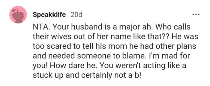 Husband was too scared to tell his mom he had other plans