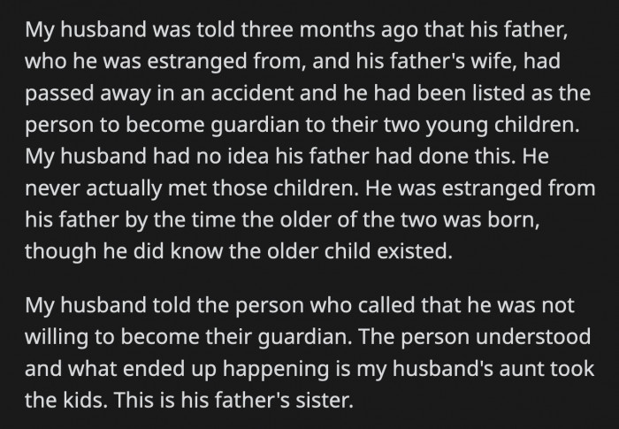 She told OP she can decide for her husband and agree to be the kids' guardians