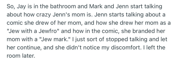 Jenn started making some comments that seemed to portray the word “Jew” as a derogatory term