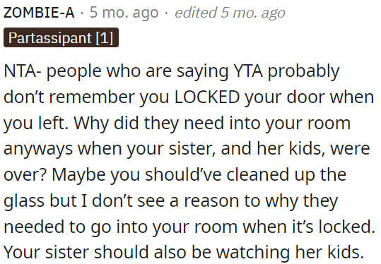 There was no need for others to enter OP's locked room, and OP's sister should take responsibility for her children.