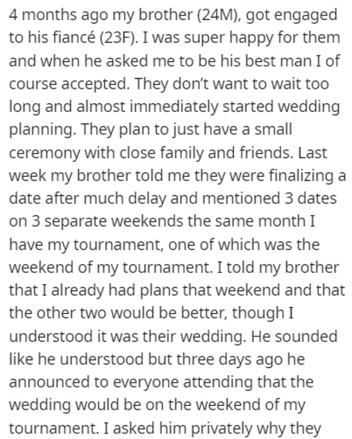 OP's brother got engaged a few months back and he wants OP to be his best man at the wedding