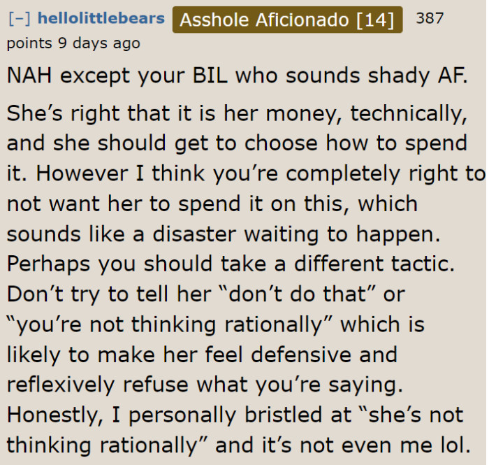 The brother-in-law is being shady, but the OP's wife unfortunately doesn't see this.