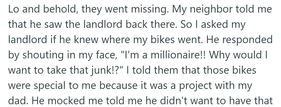 The Bikes Went Missing, and OP's Neighbor Blames Their Landlord. Landlord Denies It, Boasting Wealth. OP Emphasizes the Bikes' Sentimental Value from the Project with Dad.