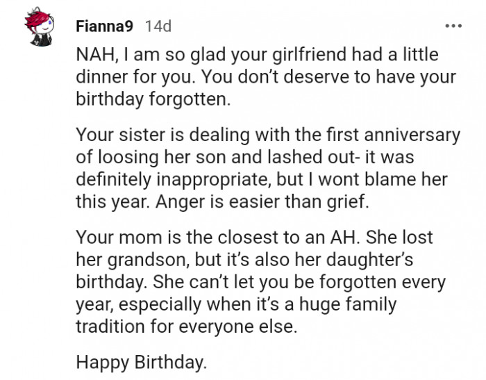 'Your sister is dealing with the first anniversary of losing her son and lashed out—it was definitely inappropriate, but I won't blame her this year. Anger is easier than grief.'