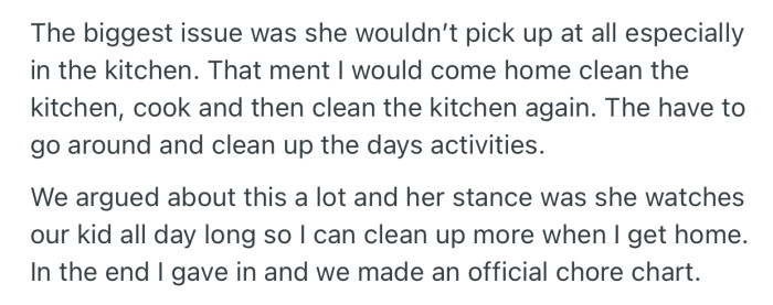 After much fighting about chores, OP gave in to his wife’s demands, and they created a chore chart