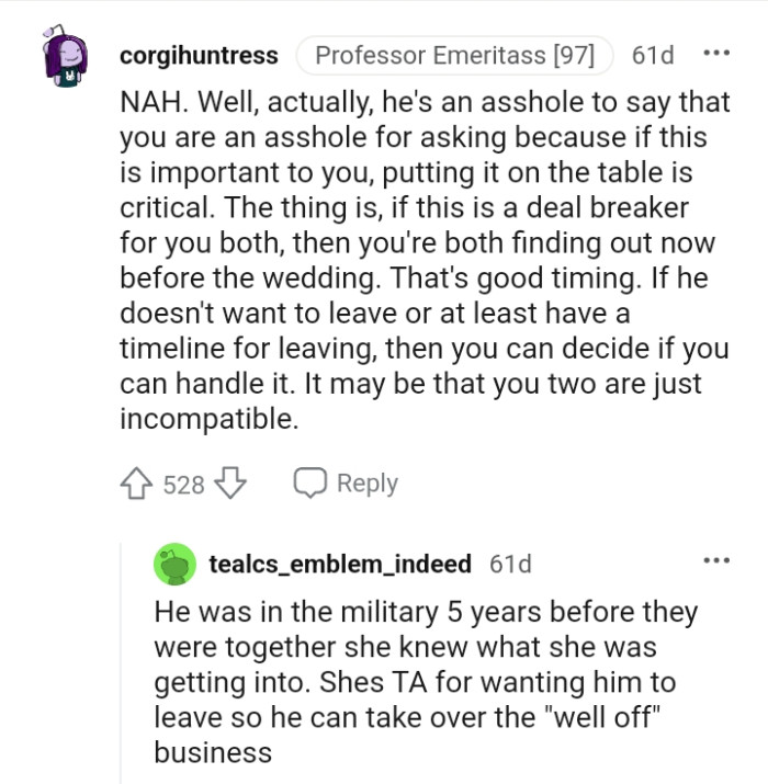 She's the AH for wanting him to leave