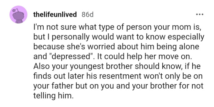 The OP should spill the beans, as it could help her move on.