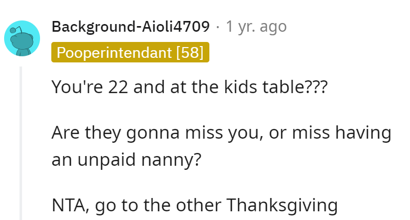 22 at the kids' table: missed or mourning the unpaid nanny?