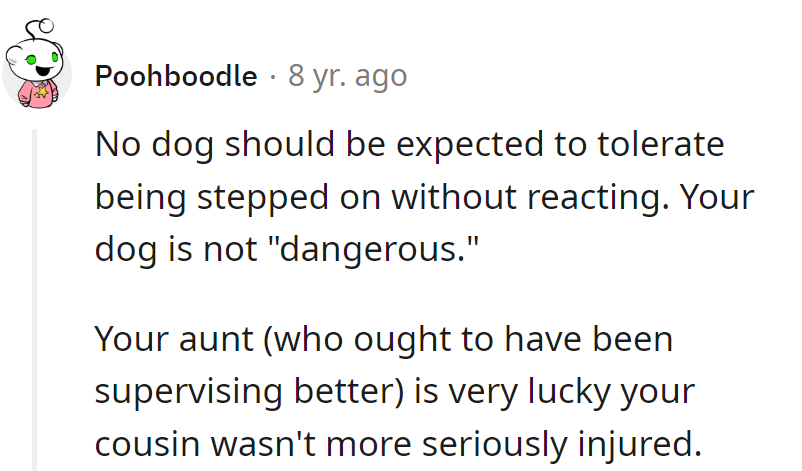 The dog isn't 'dangerous.' Aunt's lucky it wasn't worse.