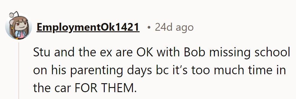 Bob's absence: carpool karaoke for parents, but a no-show for school.