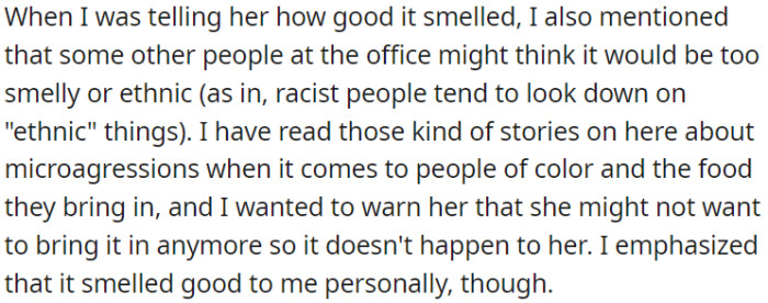 OP told Anna that while he liked her homemade stir fry, some coworkers might have unfounded concerns about its smell or cultural origins due to potential microaggressions.