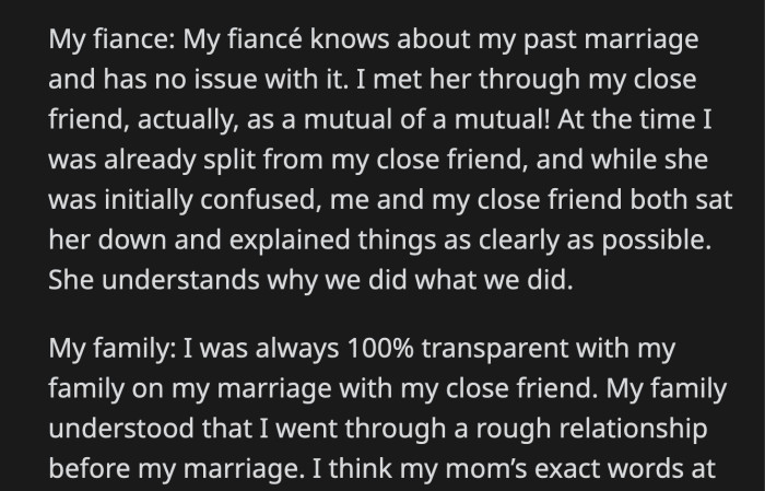 OP's Fiancée Was Aware of His First Marriage. She Was Confused at First, but She Eventually Understood Why They Had to Get Married After a Serious Talk.