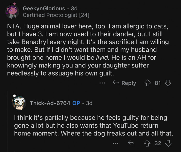 The husband is the a-hole for knowingly making his wife and daughter suffer needlessly.