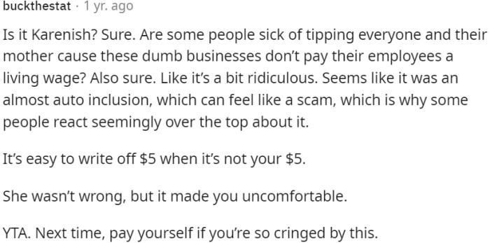 OP is the one in the wrong; he should handle the payment himself if he finds it cringe-worthy.