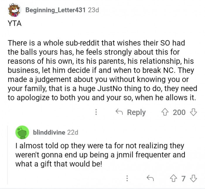 11. OP should let her husband decide if and when to break NC.