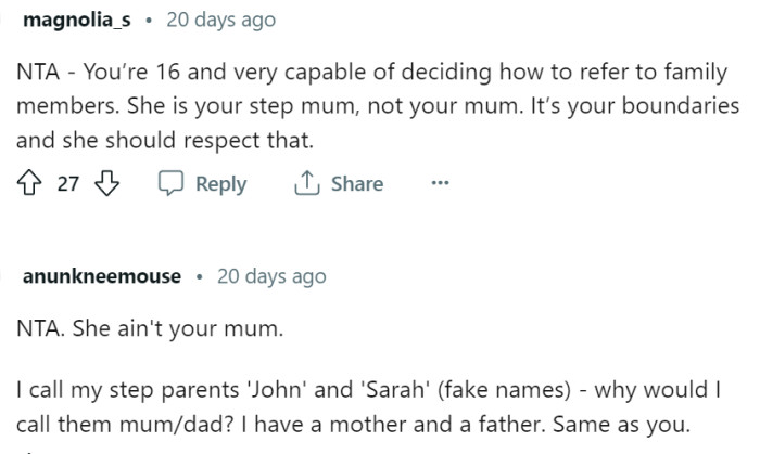 OP is 16 and very capable of deciding how to refer to family members.