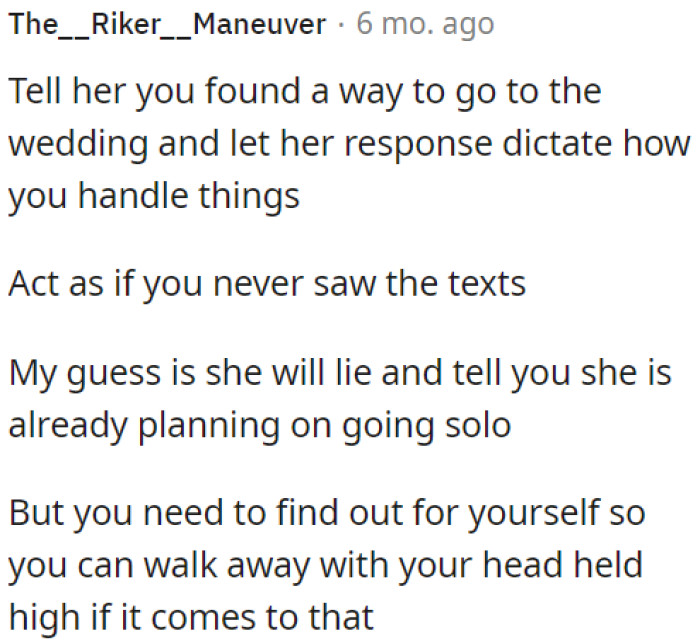 OP should inform her about his attendance at the wedding and gauge her reaction to determine his course of action.