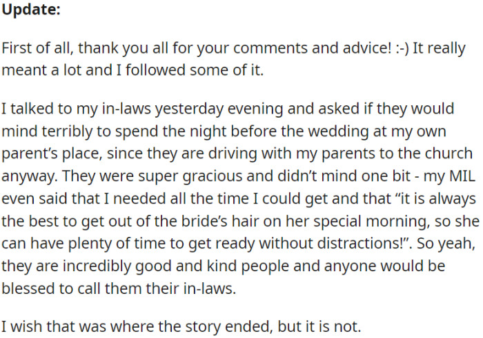OP talked to her in-laws about spending the night before the wedding at her parent's house, to which the in-laws graciously agreed