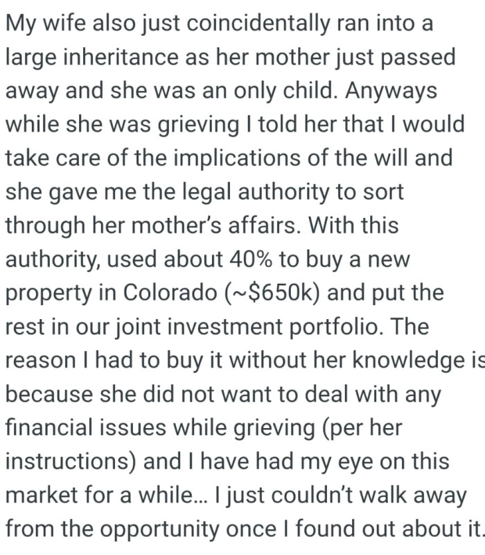 OP's wife did not want to deal with any financial issues while grieving