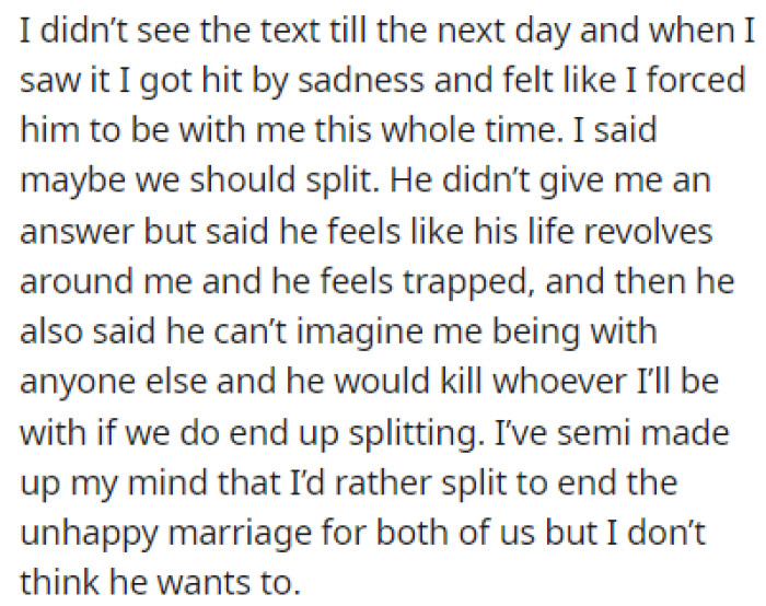 OP was devastated by this, and she suggested divorce